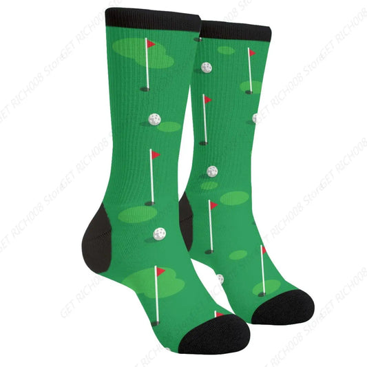 Golf Green Grass Loch auf Golfplatzbällen Golfen Lässige lustige Funky Neuheit Mode Socken für Männer Frauen Drucken